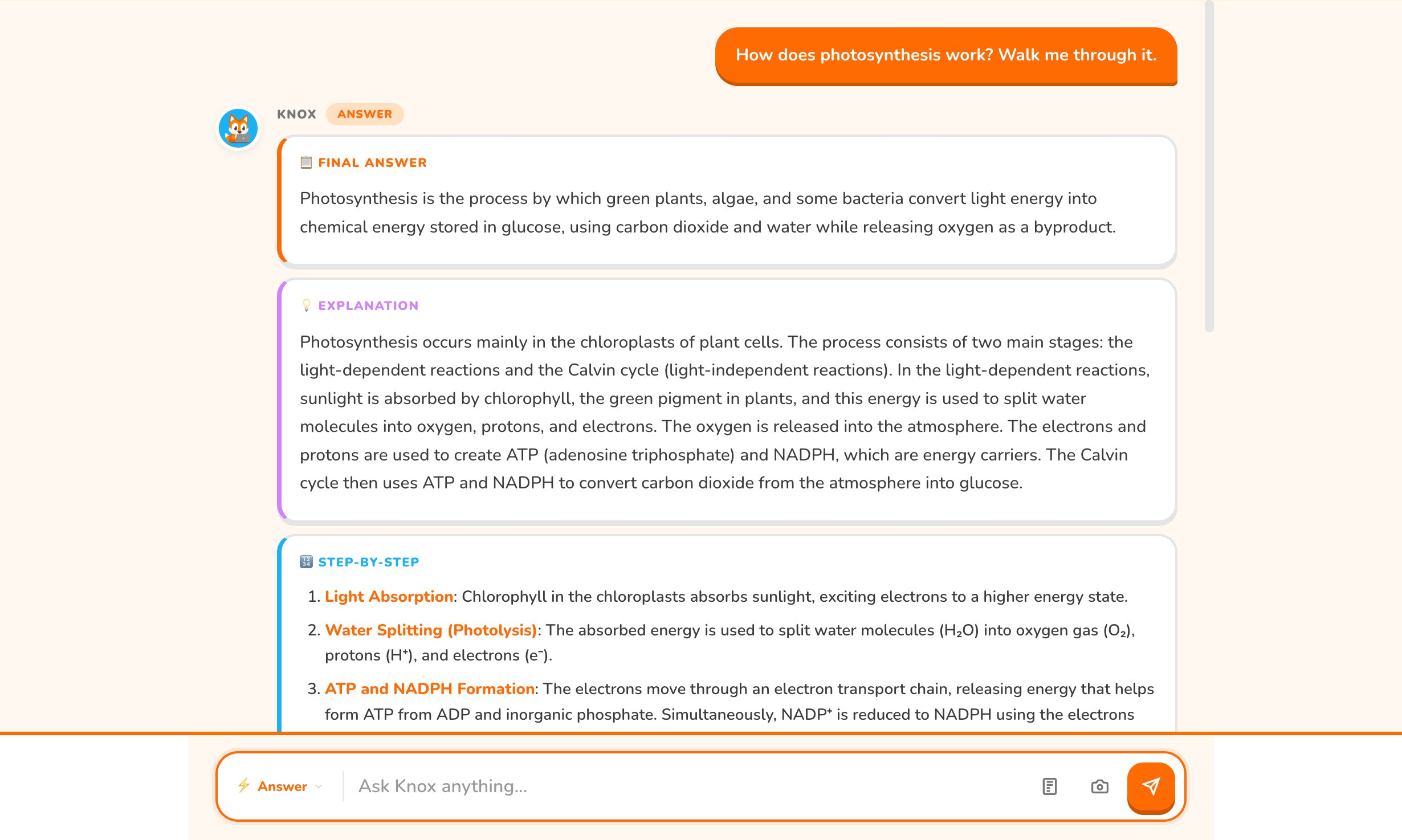 Knox Knows app — answering a photosynthesis question with Final Answer, Explanation, and Step-by-step sections